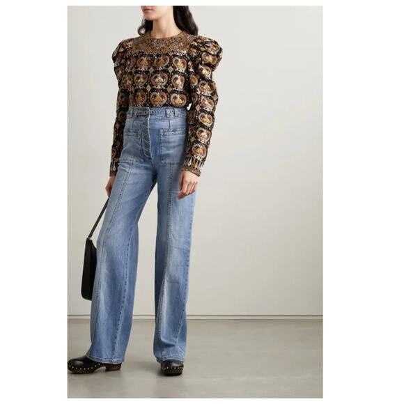 ULLA JOHNSON Alisha Embellished Linen And Cotton-blend Blouse Size 4 - Picture 4 of 12